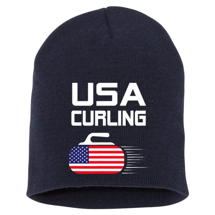 Curling USA Support Team American Flag Winter Sports Lovers Short Acrylic Beanie