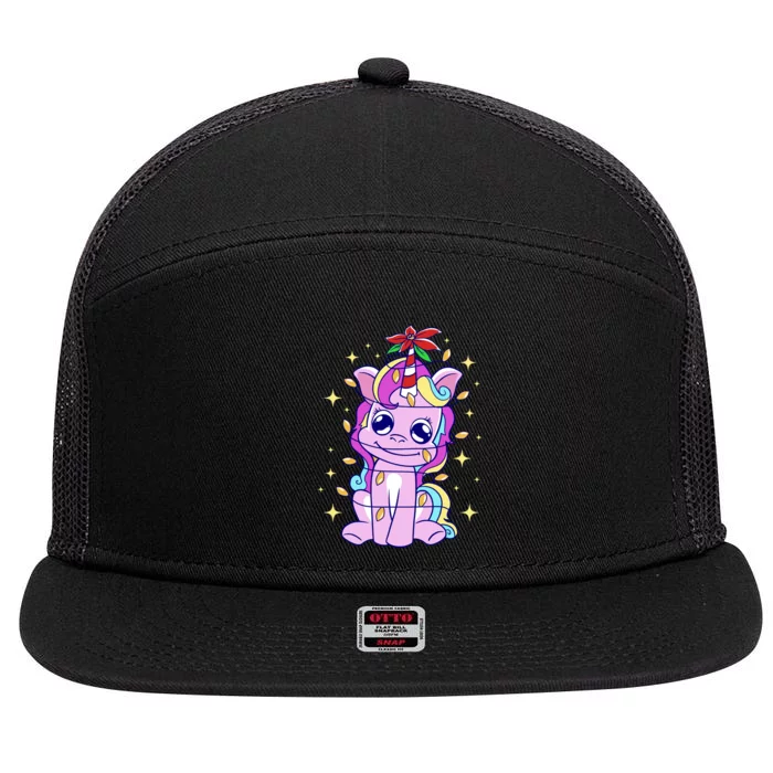 Cute Unicorn Tangled Christmas Lights Stars Rainbow 7 Panel Mesh Trucker Snapback Hat