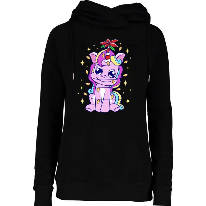 Cute Unicorn Tangled Christmas Lights Stars Rainbow Womens Funnel Neck Pullover Hood