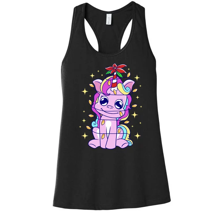 Cute Unicorn Tangled Christmas Lights Stars Rainbow Women's Racerback Tank