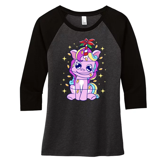 Cute Unicorn Tangled Christmas Lights Stars Rainbow Women's Tri-Blend 3/4-Sleeve Raglan Shirt