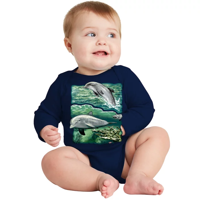 Cute Abstract dolphins In Sea Life Baby Long Sleeve Bodysuit