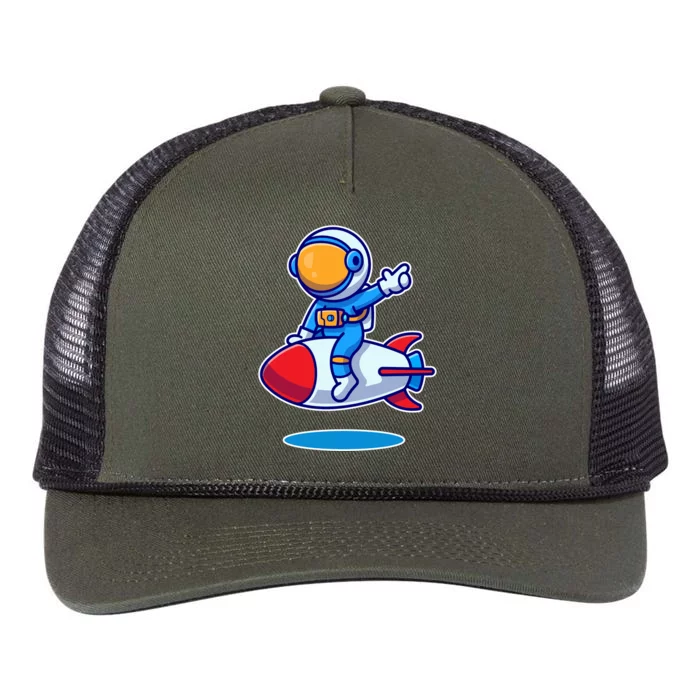 Cute Astronaut On Rocket Cartoon Retro Rope Trucker Hat Cap