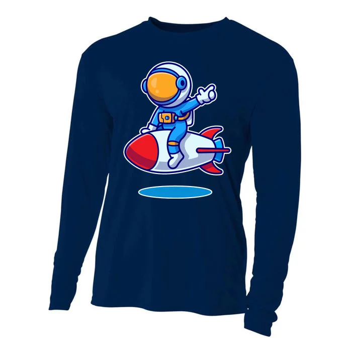 Cute Astronaut On Rocket Cartoon Cooling Performance Long Sleeve Crew