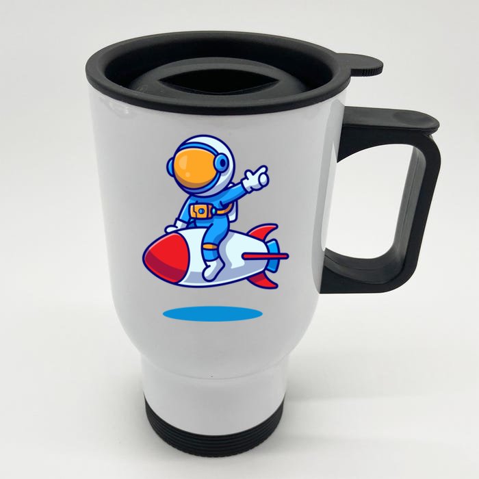 Cute Astronaut On Rocket Cartoon Front & Back Stainless Steel Travel Mug