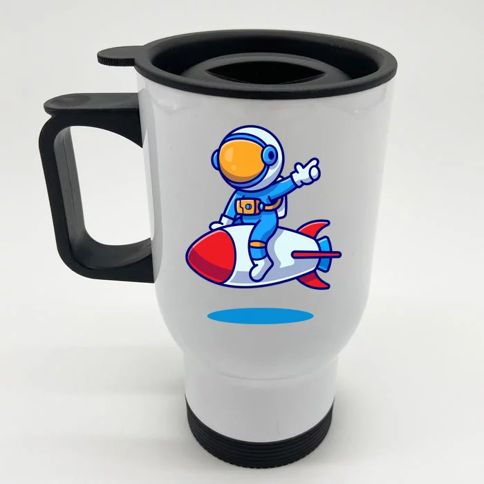 Cute Astronaut On Rocket Cartoon Front & Back Stainless Steel Travel Mug