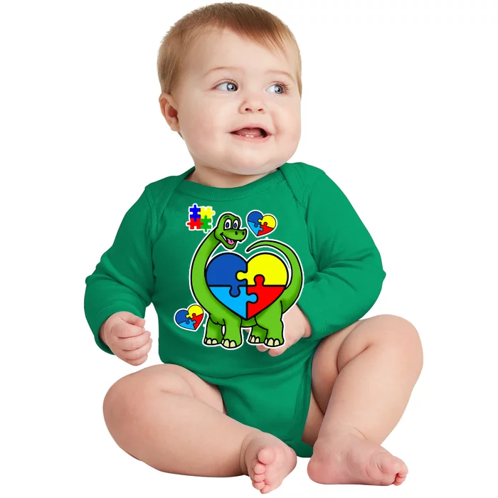 Cute Autism Dino Puzzle Piece Heart Baby Long Sleeve Bodysuit