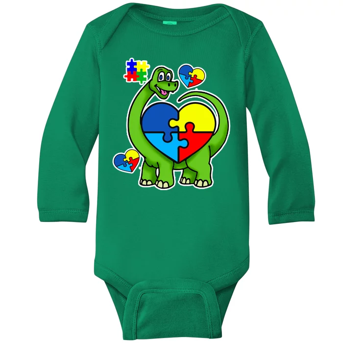 Cute Autism Dino Puzzle Piece Heart Baby Long Sleeve Bodysuit