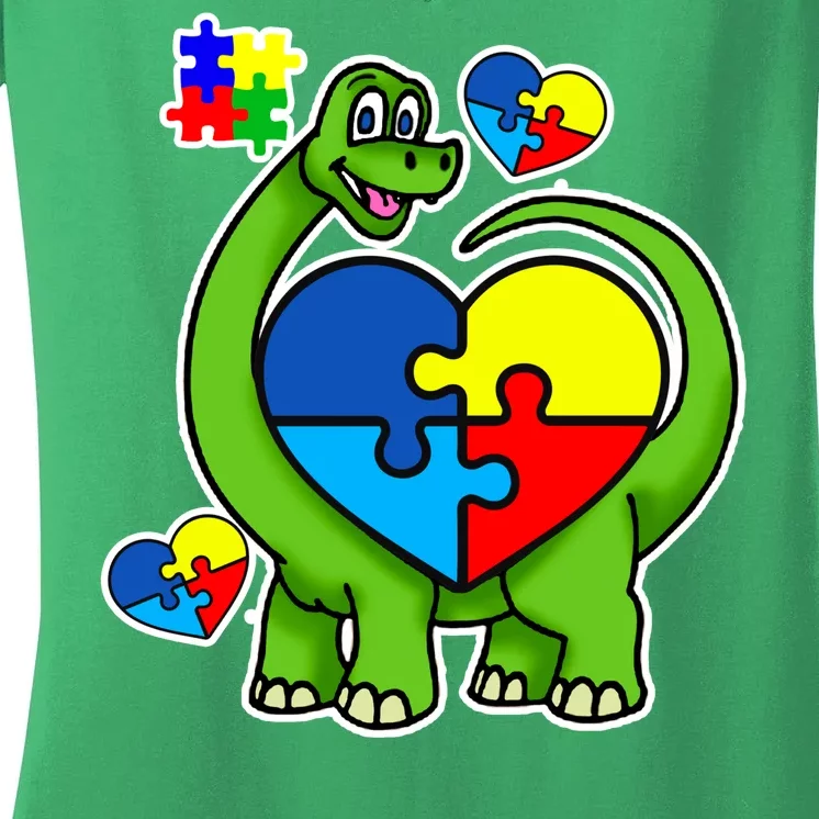 Cute Autism Dino Puzzle Piece Heart Women's V-Neck T-Shirt