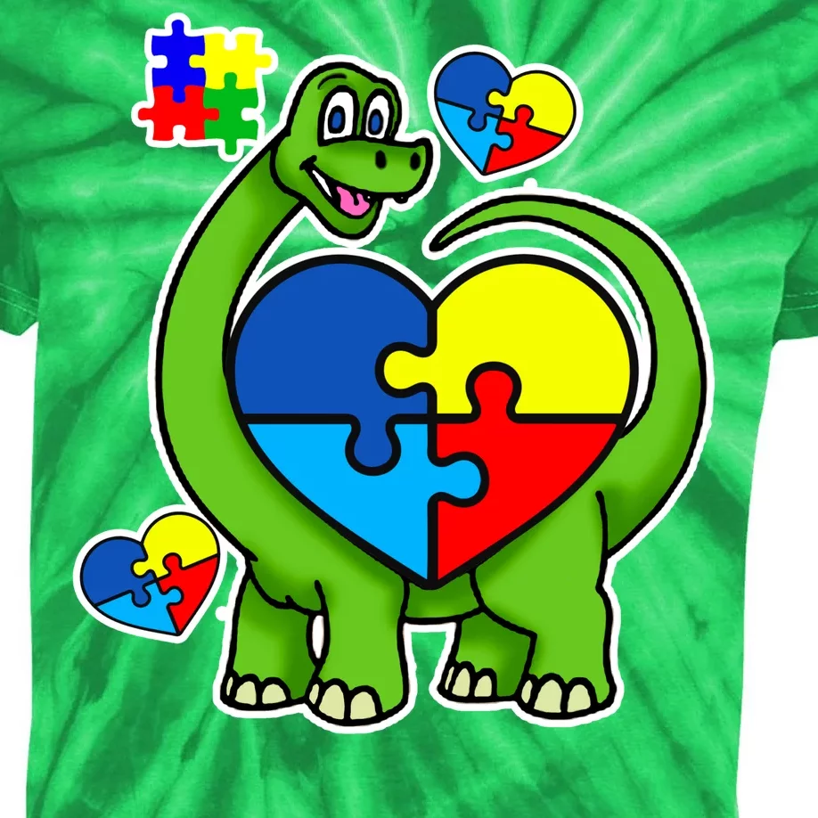 Cute Autism Dino Puzzle Piece Heart Kids Tie-Dye T-Shirt