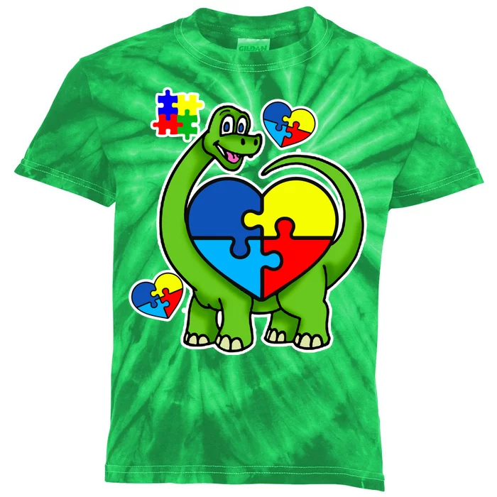 Cute Autism Dino Puzzle Piece Heart Kids Tie-Dye T-Shirt