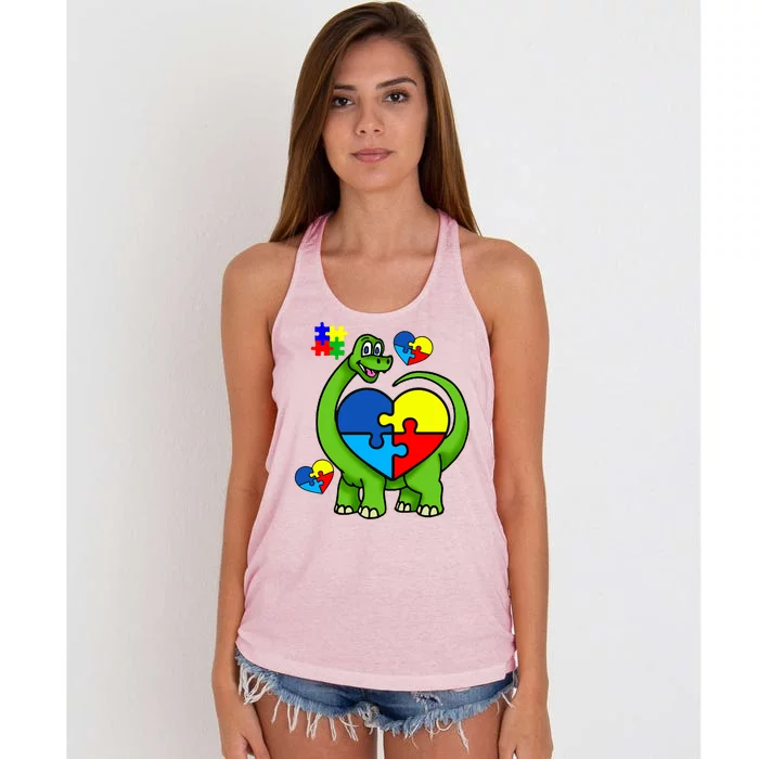 Cute Autism Dino Puzzle Piece Heart Women's Knotted Racerback Tank