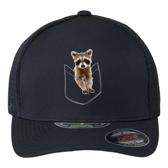 Cute Baby Raccoon In A Pocket Flexfit Unipanel Trucker Cap