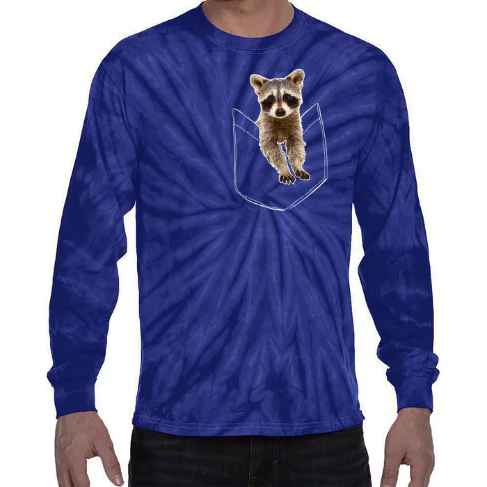 Cute Baby Raccoon In A Pocket Tie-Dye Long Sleeve Shirt