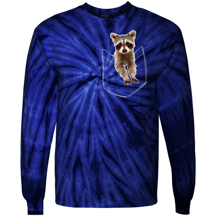 Cute Baby Raccoon In A Pocket Tie-Dye Long Sleeve Shirt