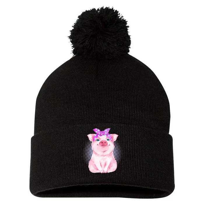 Cute Bandanna Pig Pom Pom 12in Knit Beanie