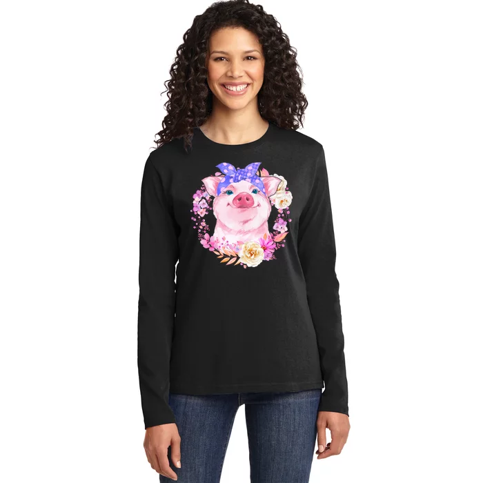 Cute Bandanna Pig Floral Ladies Long Sleeve Shirt