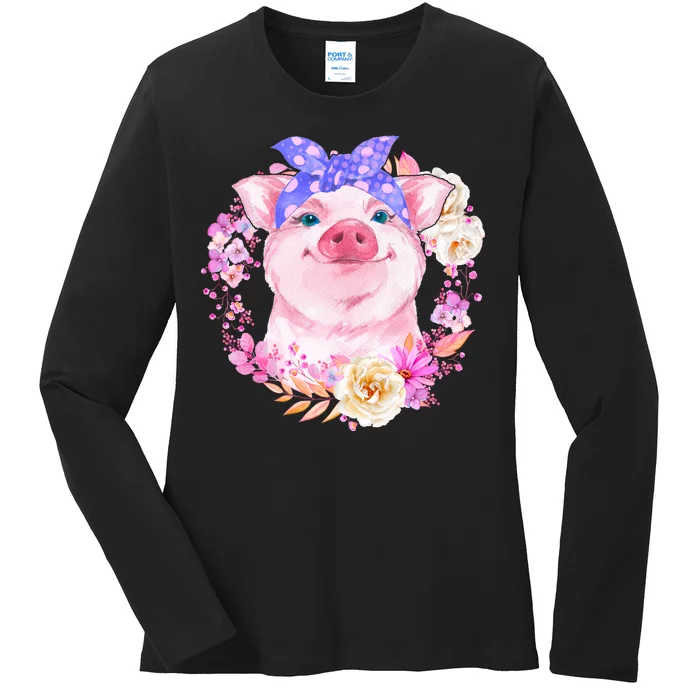 Cute Bandanna Pig Floral Ladies Long Sleeve Shirt