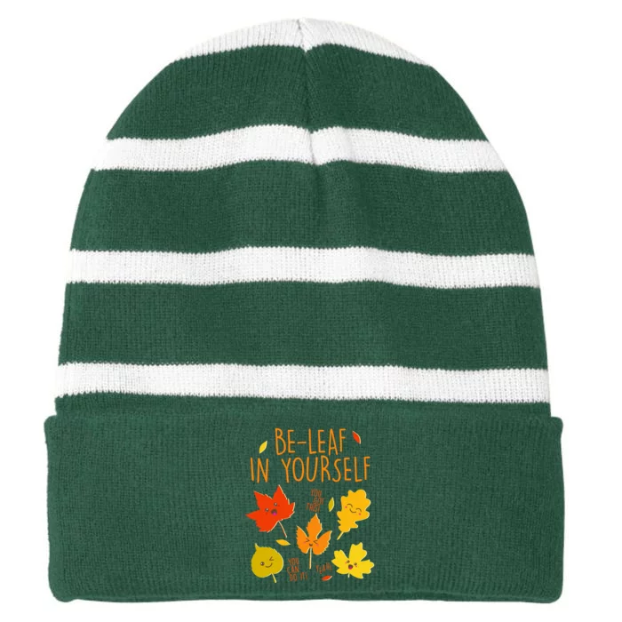 Cute Be-Leaf In Yourself Striped Beanie with Solid Band