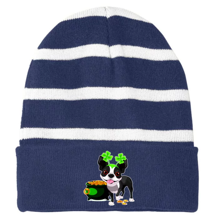 Cute Boston Terrier Shamrock St. Patrick's Day Striped Beanie with Solid Band