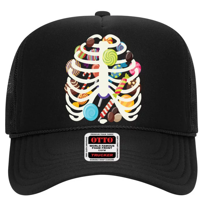 Cute Candy Skeleton Rib Cage Halloween High Crown Mesh Trucker Hat