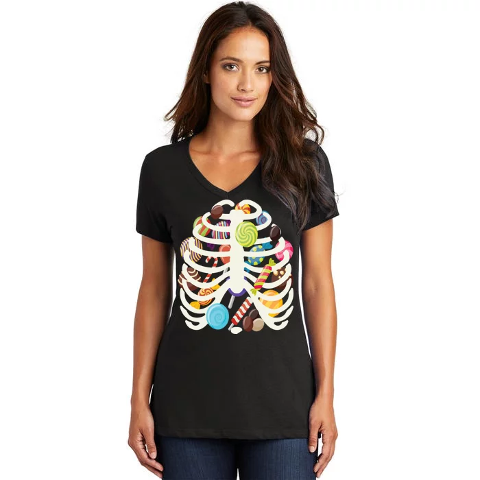 Cute Candy Skeleton Rib Cage Halloween Women's V-Neck T-Shirt