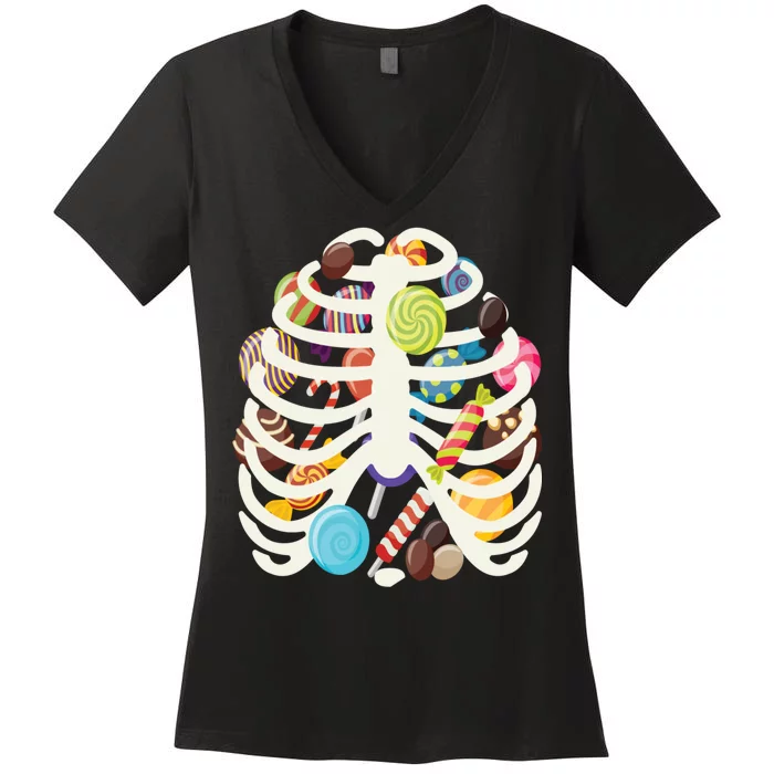 Cute Candy Skeleton Rib Cage Halloween Women's V-Neck T-Shirt