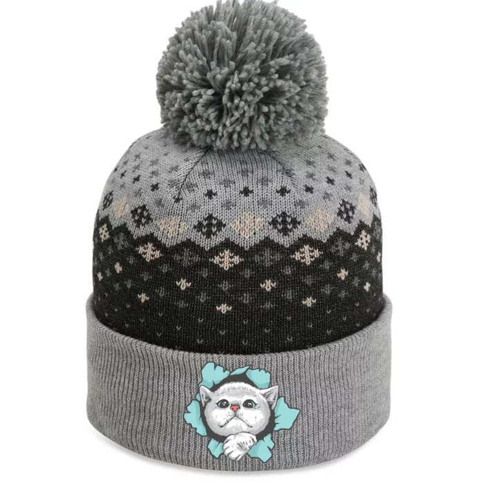 Cute Cat Through Hole The Baniff Cuffed Pom Beanie