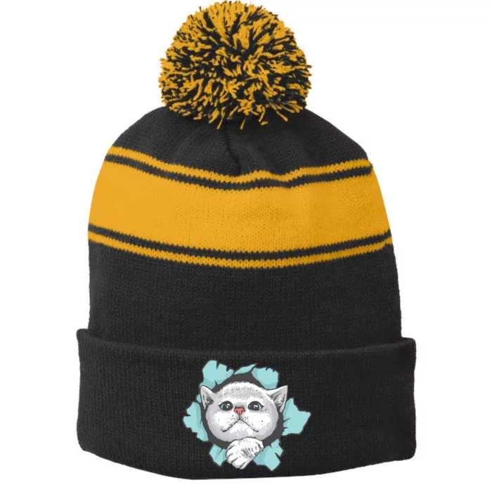 Cute Cat Through Hole Stripe Pom Pom Beanie