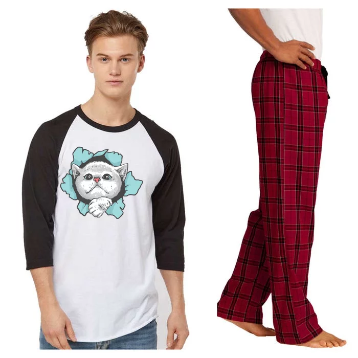 Cute Cat Through Hole Raglan Sleeve Pajama Set