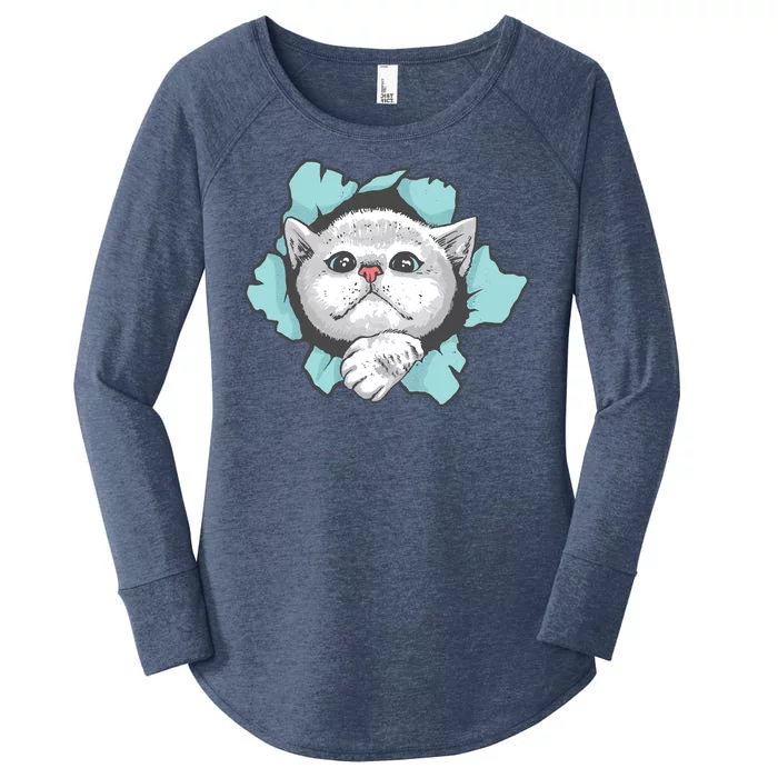 Cute Cat Through Hole Women's Perfect Tri Tunic Long Sleeve Shirt