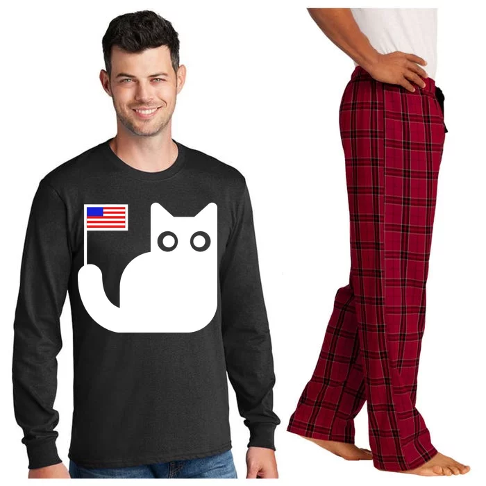 Cute Cat USA Tail Flag Long Sleeve Pajama Set