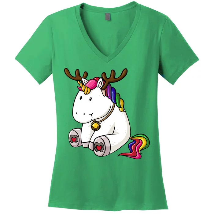 Cute Christmas Comic Reindeer Unicorn Women's V-Neck T-Shirt