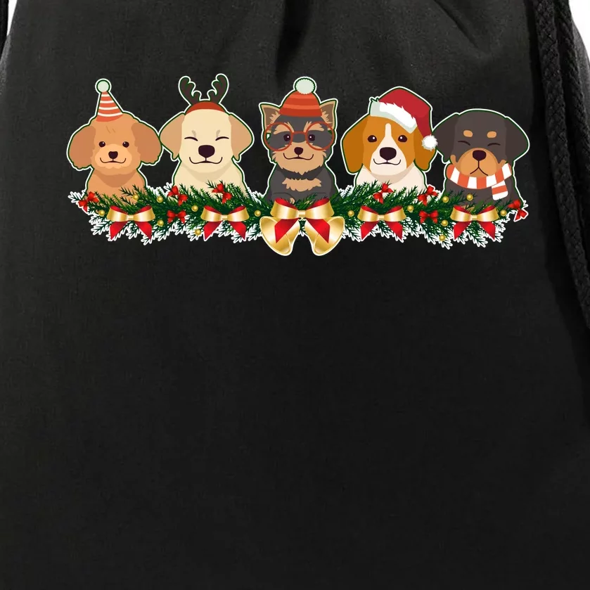 Cute Christmas Dogs Puppies Holly Garland Drawstring Bag