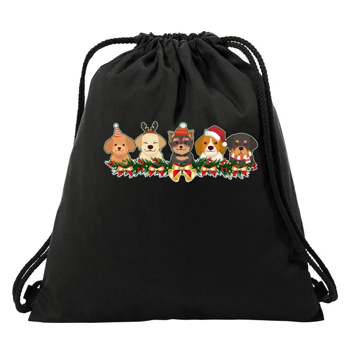 Cute Christmas Dogs Puppies Holly Garland Drawstring Bag