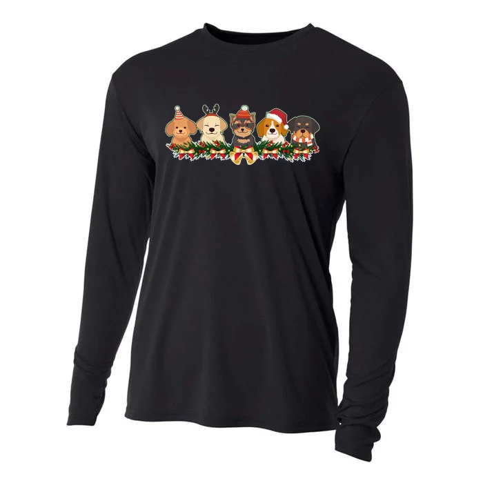 Cute Christmas Dogs Puppies Holly Garland Cooling Performance Long Sleeve Crew