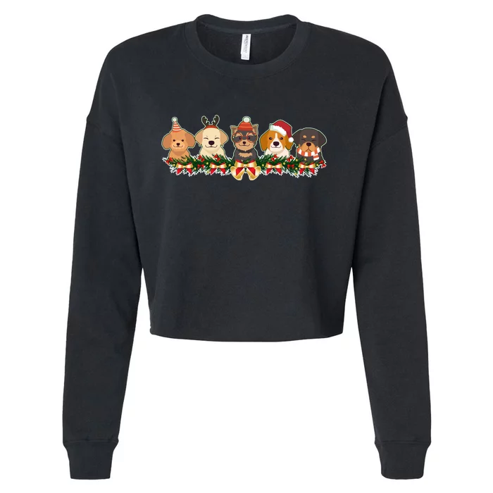 Cute Christmas Dogs Puppies Holly Garland Cropped Pullover Crew