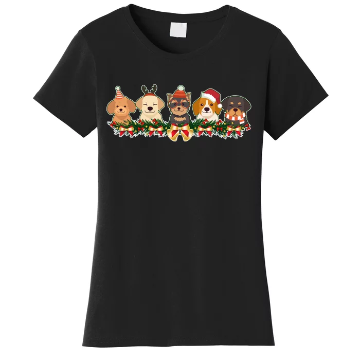 Cute Christmas Dogs Puppies Holly Garland Women's T-Shirt