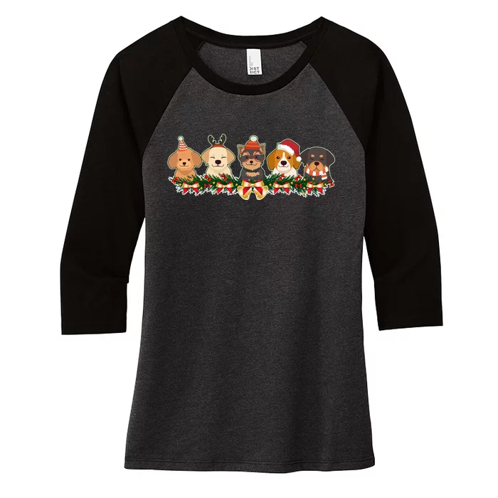 Cute Christmas Dogs Puppies Holly Garland Women's Tri-Blend 3/4-Sleeve Raglan Shirt