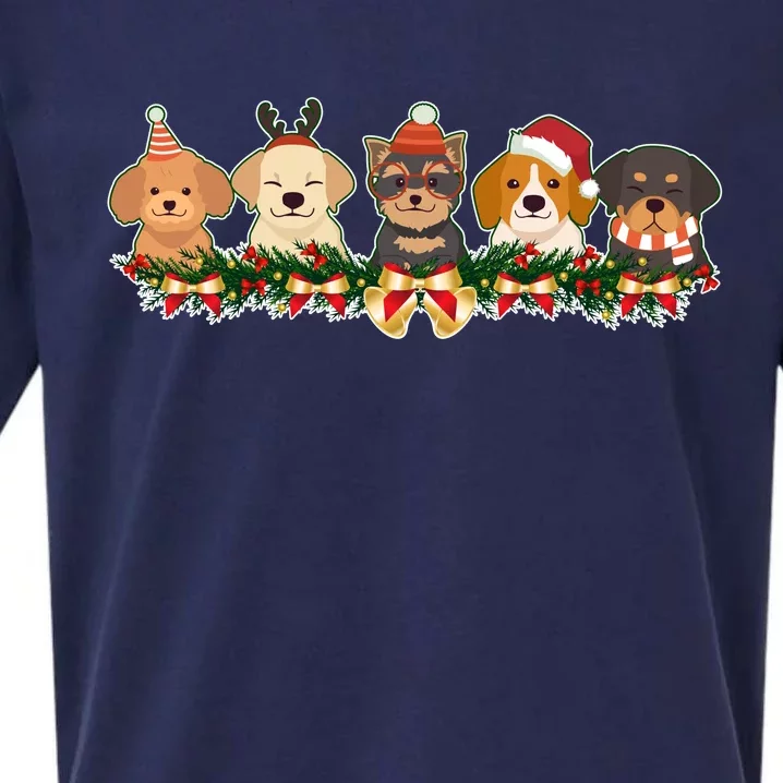 Cute Christmas Dogs Puppies Holly Garland Sueded Cloud Jersey T-Shirt