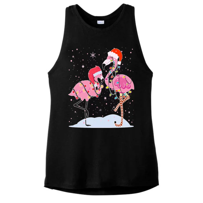 Cute Christmas Festive Flamingos Ladies Tri-Blend Wicking Tank