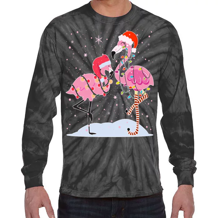 Cute Christmas Festive Flamingos Tie-Dye Long Sleeve Shirt