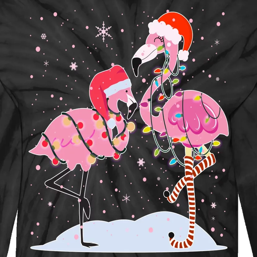 Cute Christmas Festive Flamingos Tie-Dye Long Sleeve Shirt