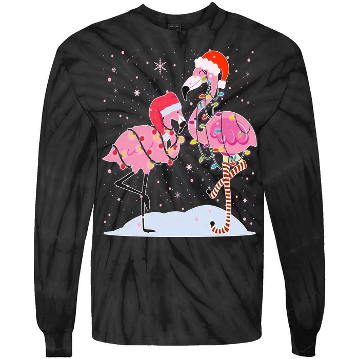 Cute Christmas Festive Flamingos Tie-Dye Long Sleeve Shirt