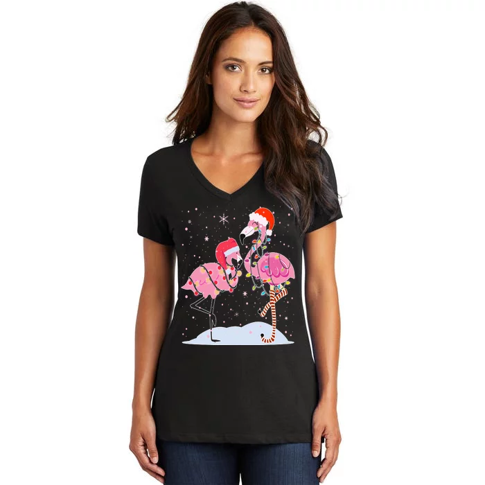 Cute Christmas Festive Flamingos Women's V-Neck T-Shirt