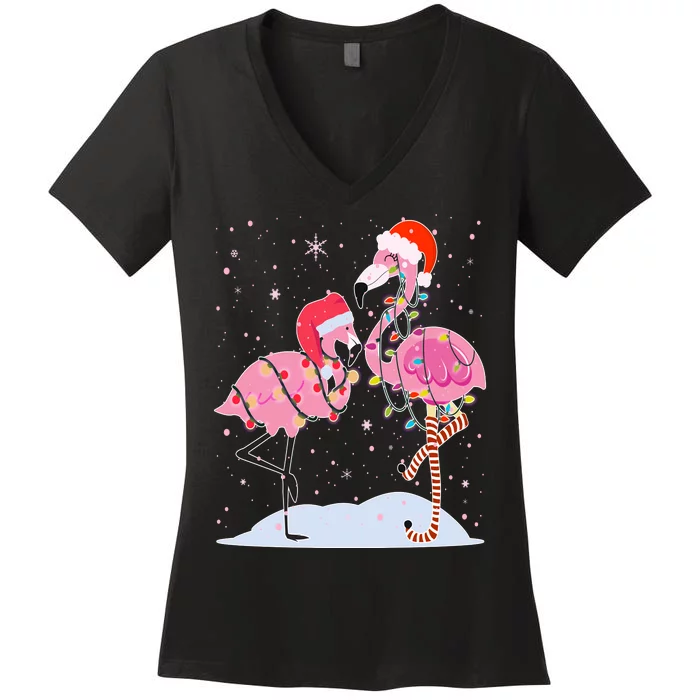 Cute Christmas Festive Flamingos Women's V-Neck T-Shirt