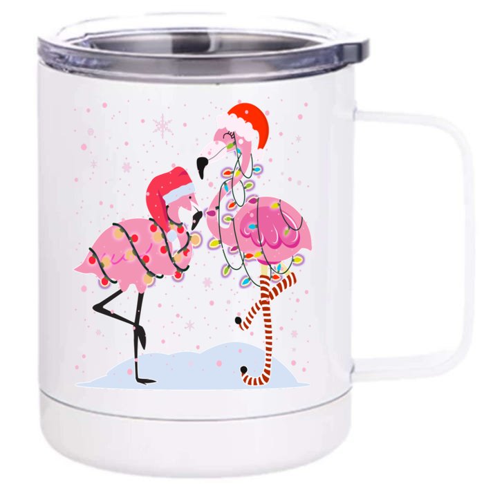 Cute Christmas Festive Flamingos Front & Back 12oz Stainless Steel Tumbler Cup