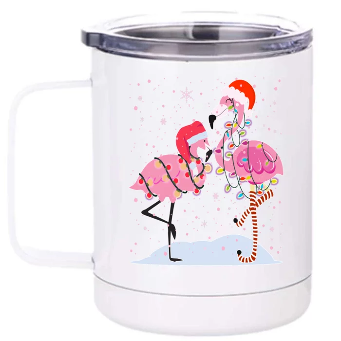 Cute Christmas Festive Flamingos Front & Back 12oz Stainless Steel Tumbler Cup