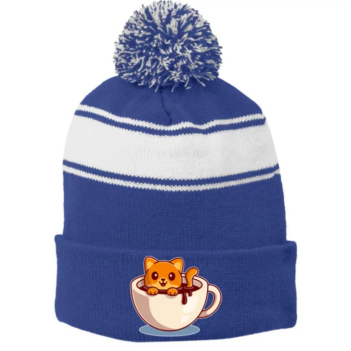 Cute Coffee Kitty Stripe Pom Pom Beanie