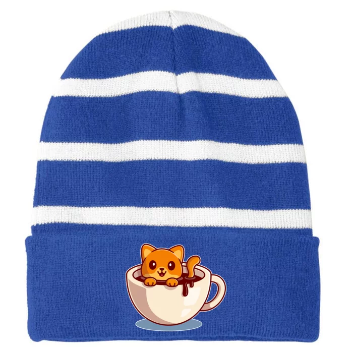 Cute Coffee Kitty Striped Beanie with Solid Band